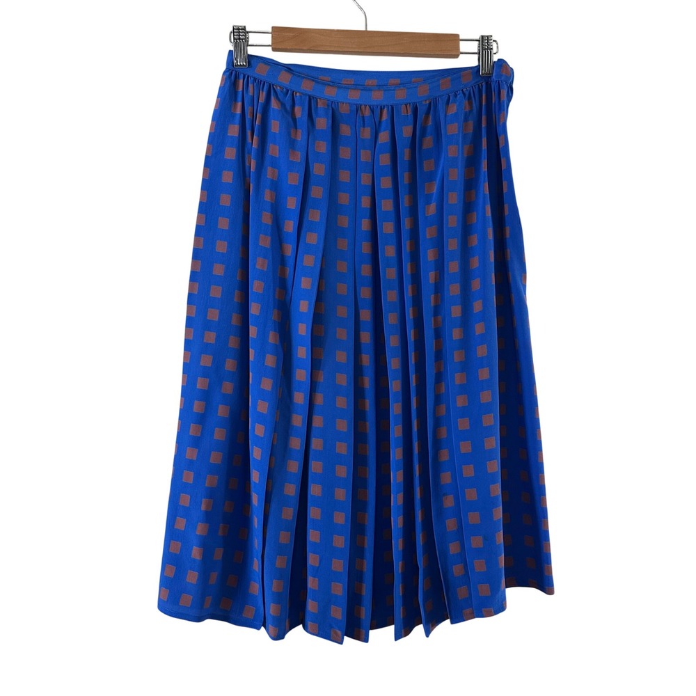 Maggy London Jeannene Booher Vintage Blue Silk Geometric Pleated Midi Skirt 12